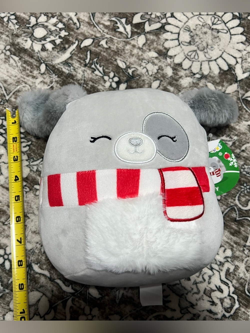 Squishmallows Gray ivy puppy christmas rare plush with Red and White Scarf